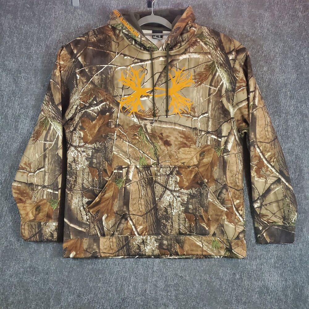 Under Armour Men's L Realtree AP Camo Hunting Hoodie Orange Antler Logo